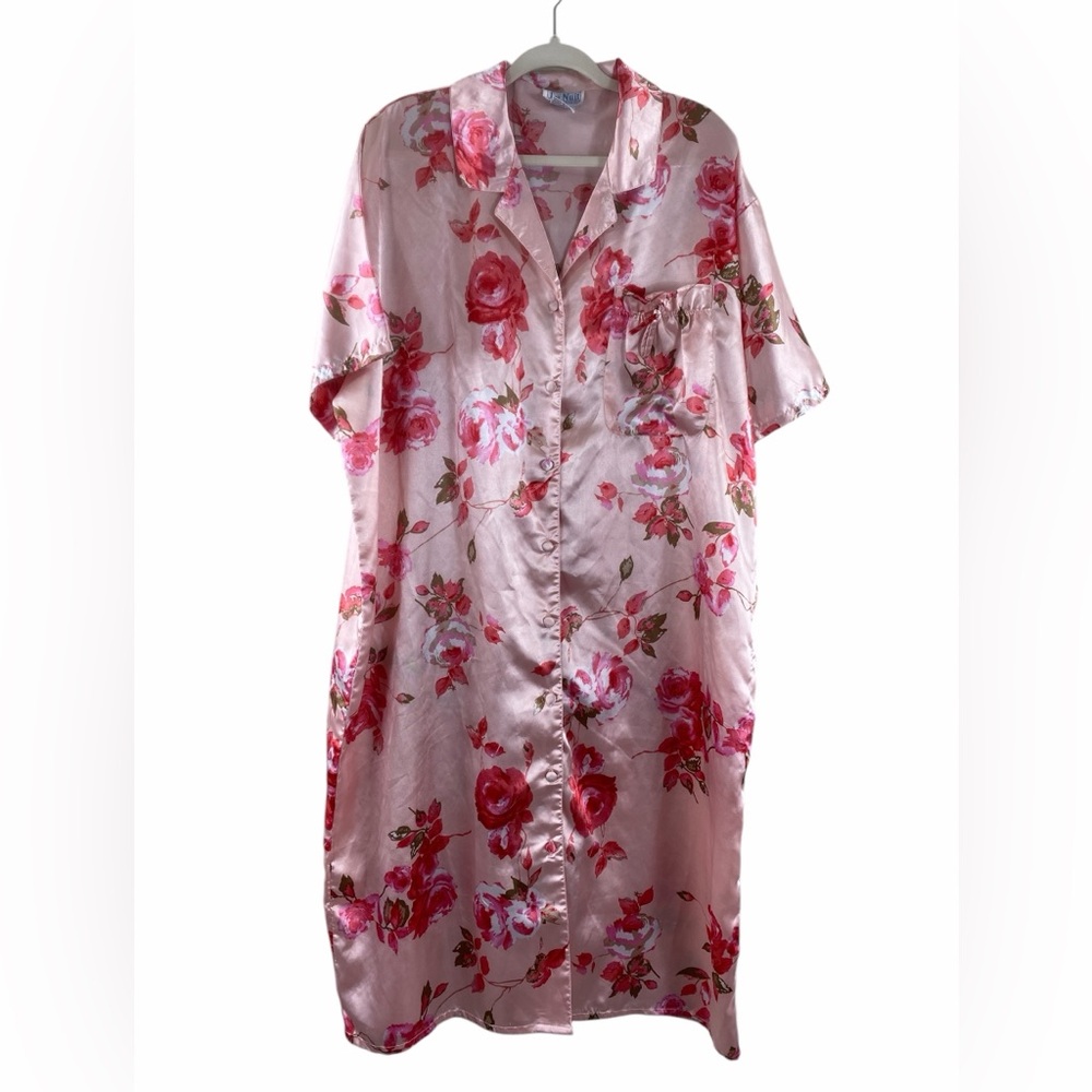 Vintage Pink Floral Satin Kimono Robe Nightshirt Pajama‎ One Size